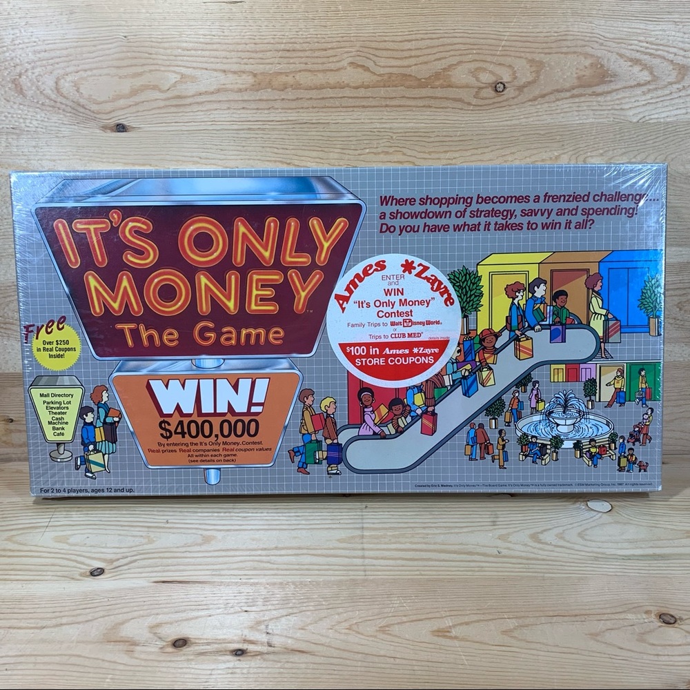 NEW VTG Its Only Money The Board Game 1987 Game of Shopping, Savvy and Spending